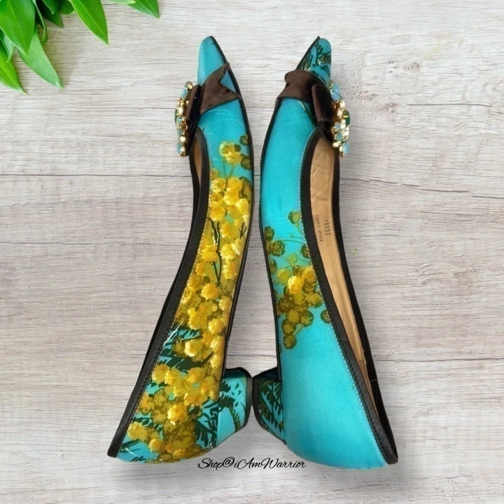 J.Crew RARE floral silk embellished bow pointed toe low heel flats/shoes